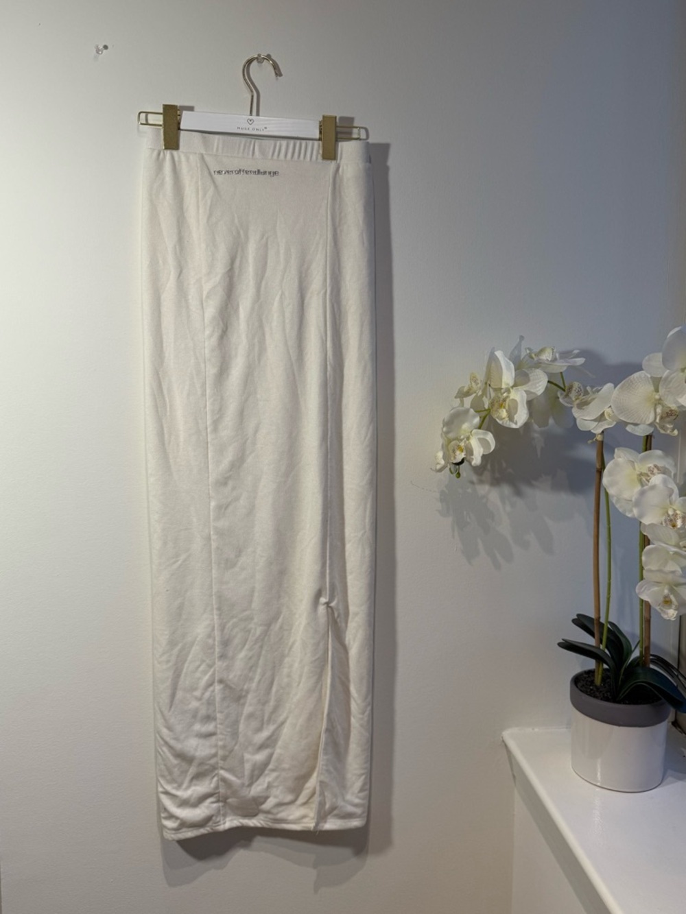 NOLA High Waisted Maxi Skirt with side slit in White Subtle Glitter Finish